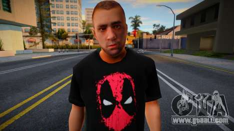 A man in a Deadpool T-shirt for GTA San Andreas